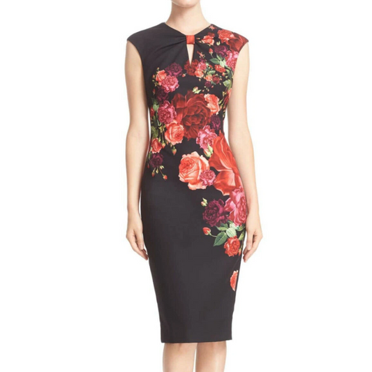 【TED BAKER | テッドベーカー】 Juxtapose お花柄 ペンシル ワンピース《花柄ブラック》【サイズ1 日本サイズ9】