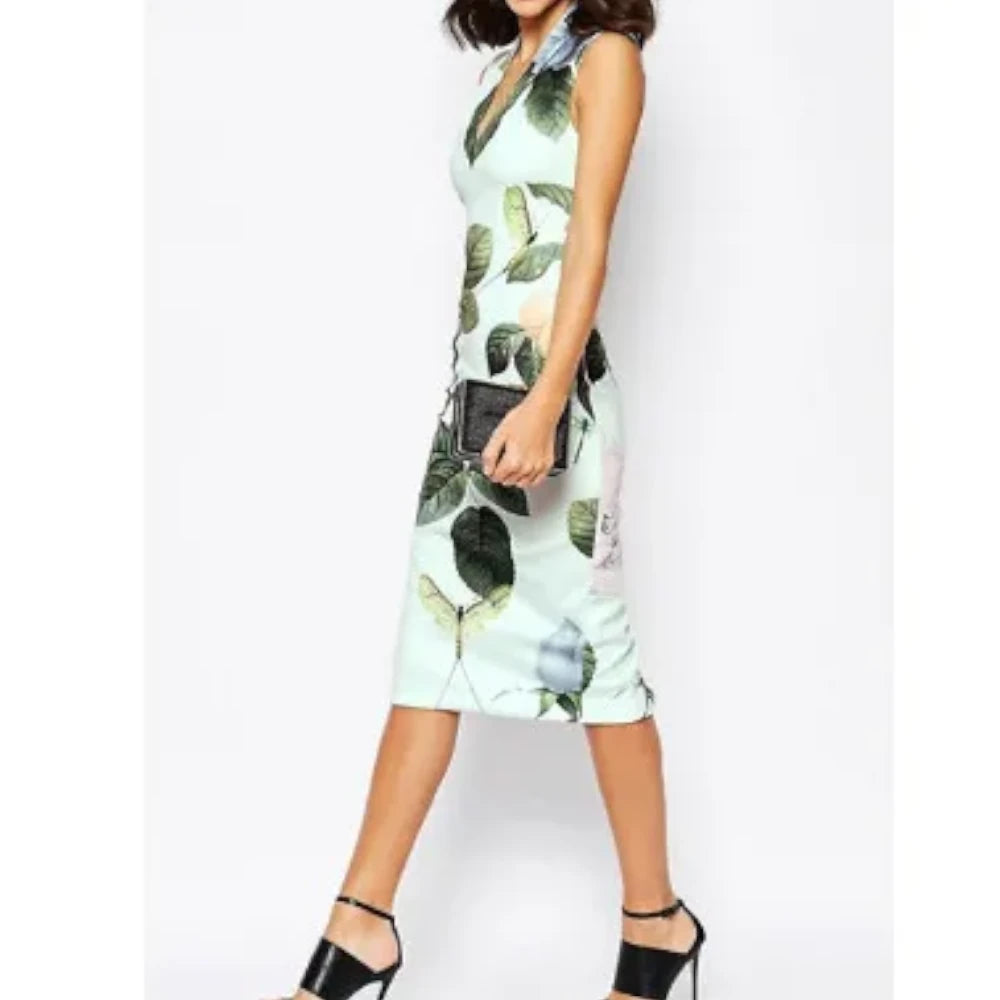 【TED BAKER | テッドベーカー】RAVINA ボディコンワンピース 《ローズ柄 ミント》【サイズ0 日本サイズ7】