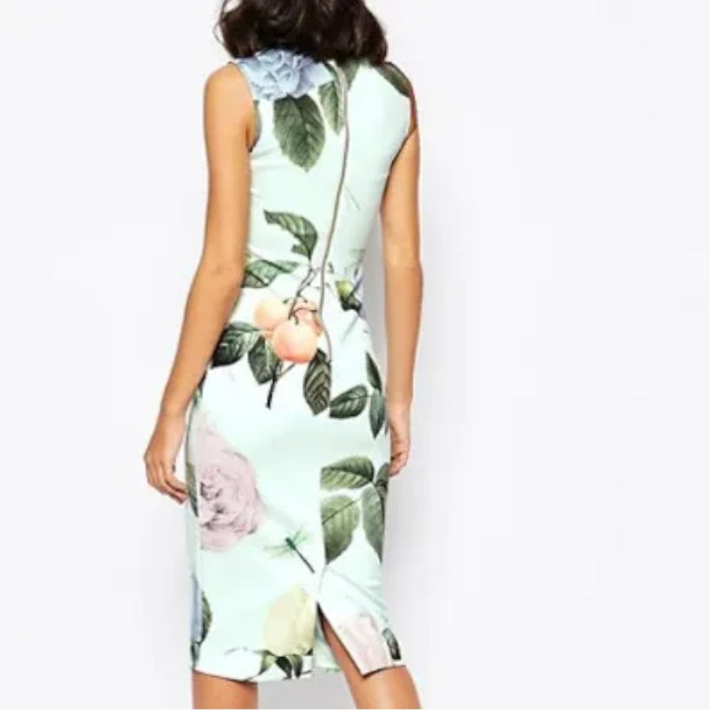 【TED BAKER | テッドベーカー】RAVINA ボディコンワンピース 《ローズ柄 ミント》【サイズ0 日本サイズ7】