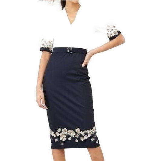 【TED BAKER | テッドベーカー】 AVII 花柄ペンシルスカートワンピース 《ホワイト×ダークブルー》【サイズ1 日本サイズ9】