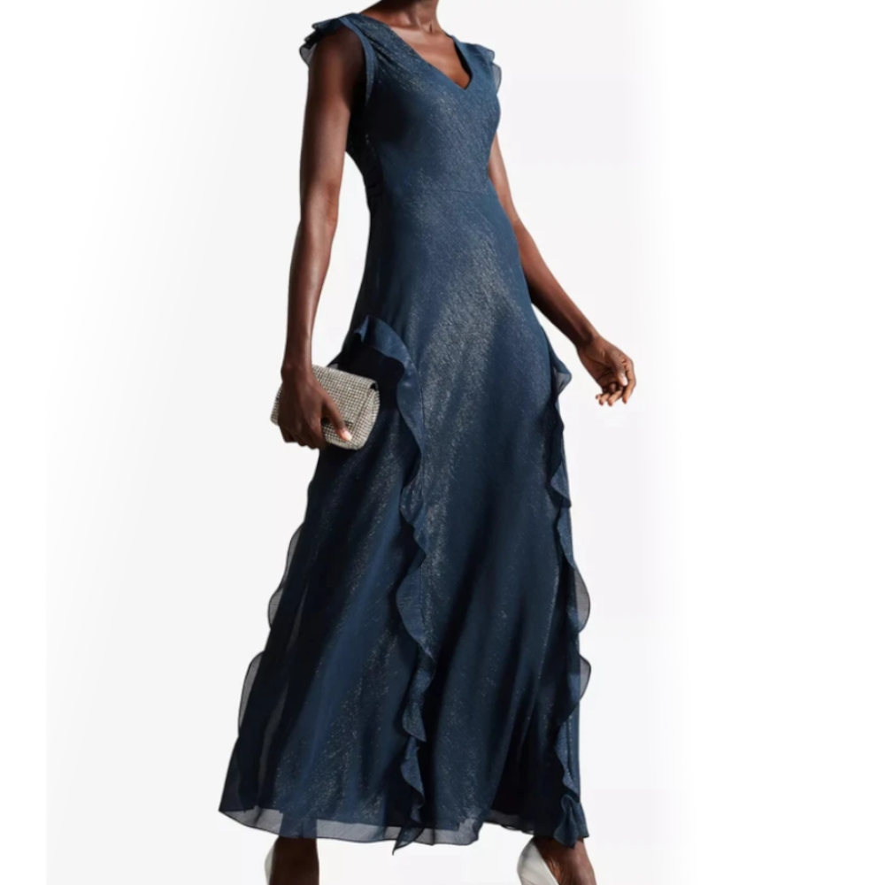 【TED BAKER | テッドベーカー】AURAE ラッフルデザイン ノースリーブ マキシドレス《ネイビー》