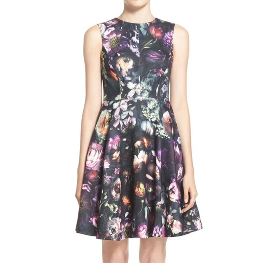【TED BAKER | テッドベーカー】希少！Inesia お花柄フレア ワンピース《花柄ブラック》【サイズ1 日本サイズ9】