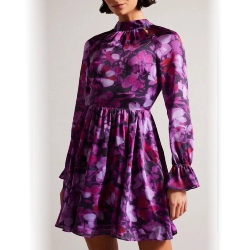 【TED BAKER | テッドベーカー】Sammieh ハイネック フレア ワンピース《パープル》