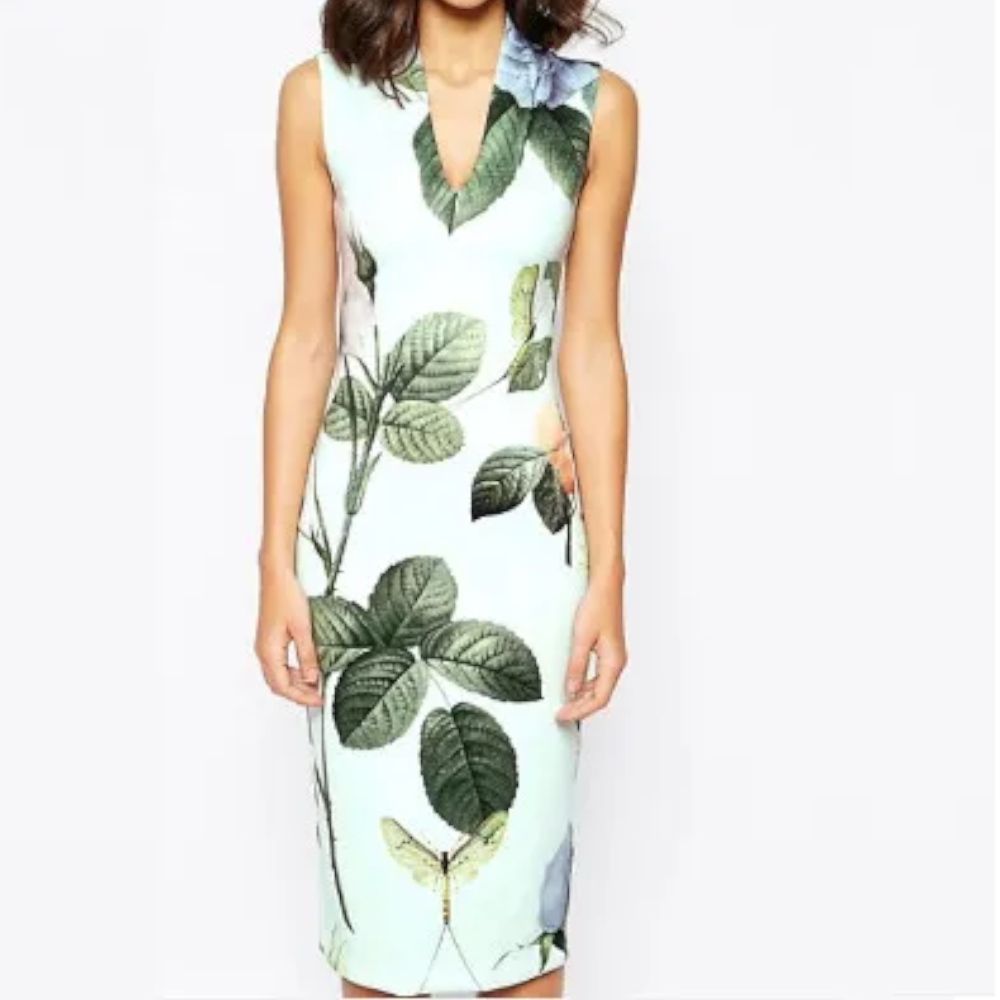 【TED BAKER | テッドベーカー】RAVINA ボディコンワンピース 《ローズ柄 ミント》【サイズ0 日本サイズ7】