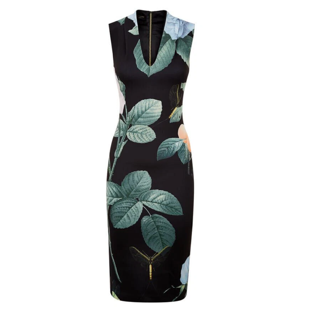 【TED BAKER | テッドベーカー】RAVINA ボディコンワンピース 《ローズ柄 ブラック》