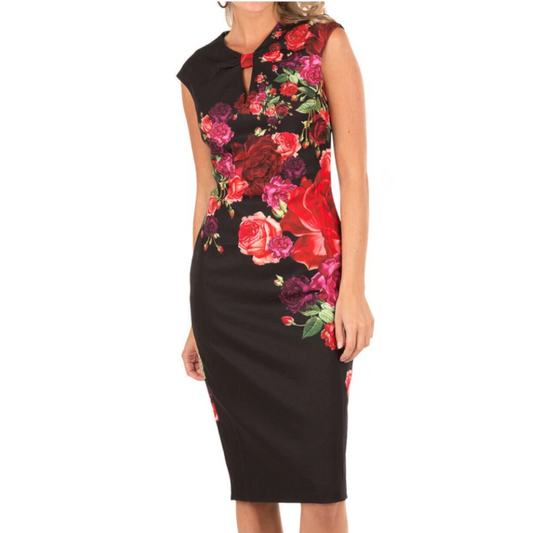 【TED BAKER | テッドベーカー】 Juxtapose お花柄 ペンシル ワンピース《花柄ブラック》【サイズ1 日本サイズ9】