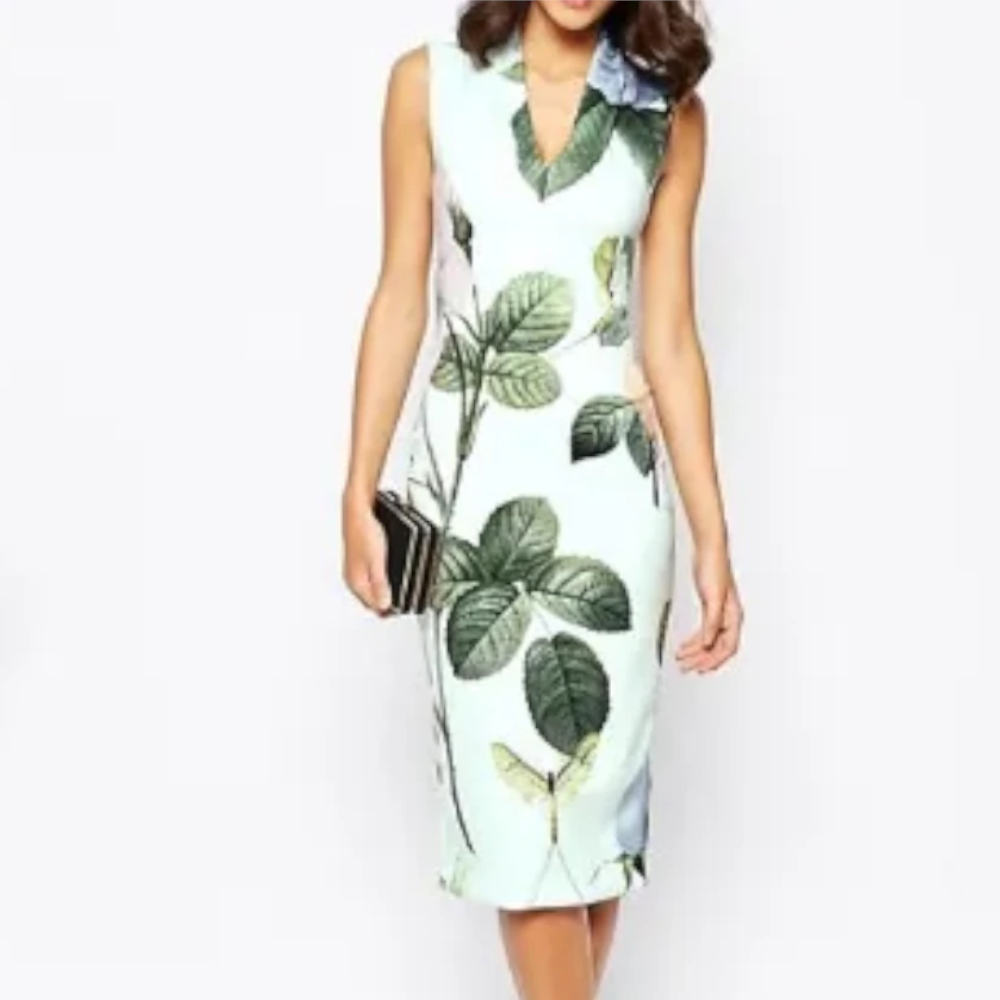 【TED BAKER | テッドベーカー】RAVINA ボディコンワンピース 《ローズ柄 ミント》【サイズ0 日本サイズ7】