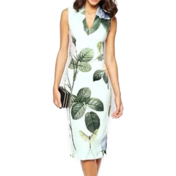 【TED BAKER | テッドベーカー】RAVINA ボディコンワンピース 《ローズ柄 ミント》【サイズ0 日本サイズ7】